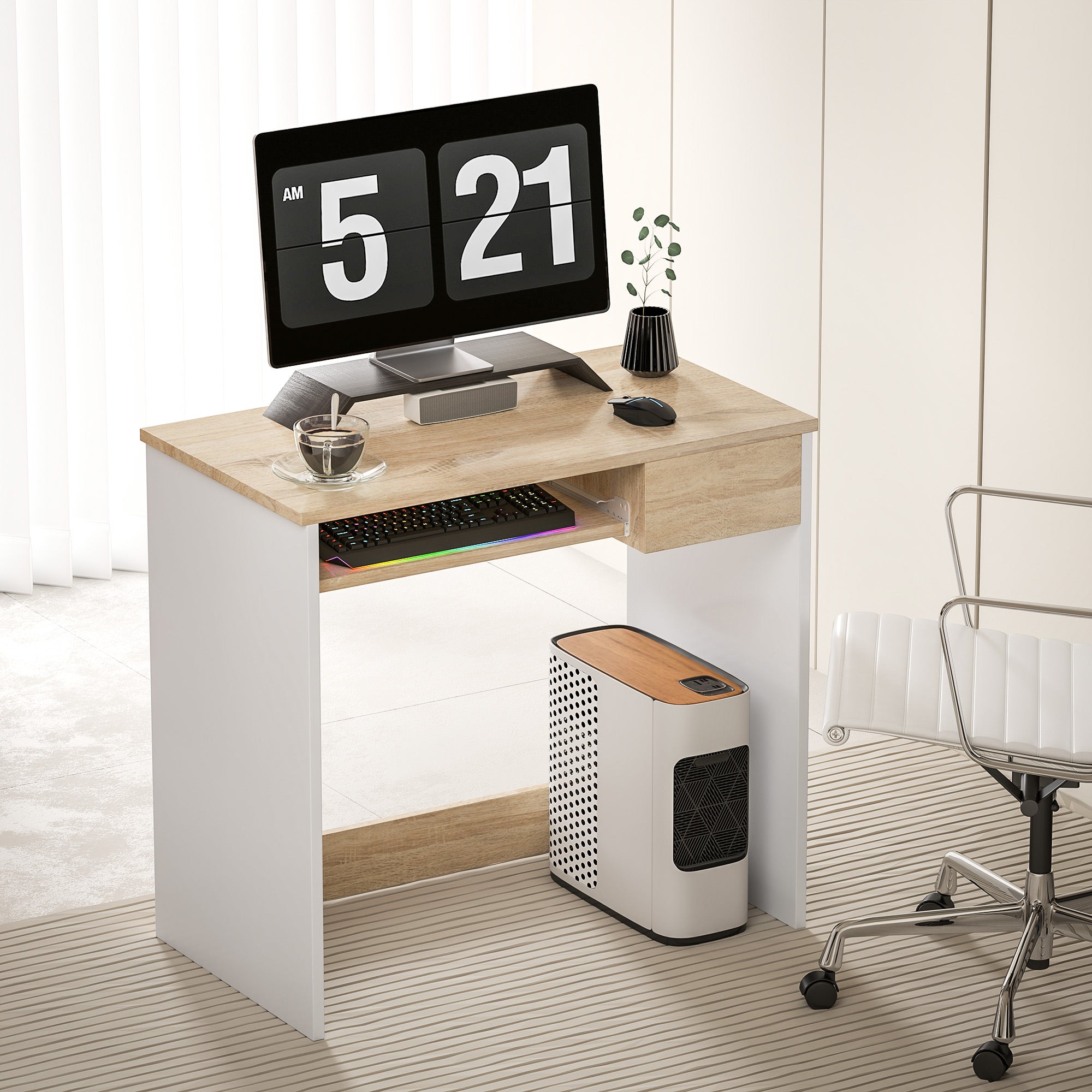 Compact Computer Desk with Keyboard Tray, Home Office Desk with Drawer for Bedroom Study, Oak Colour