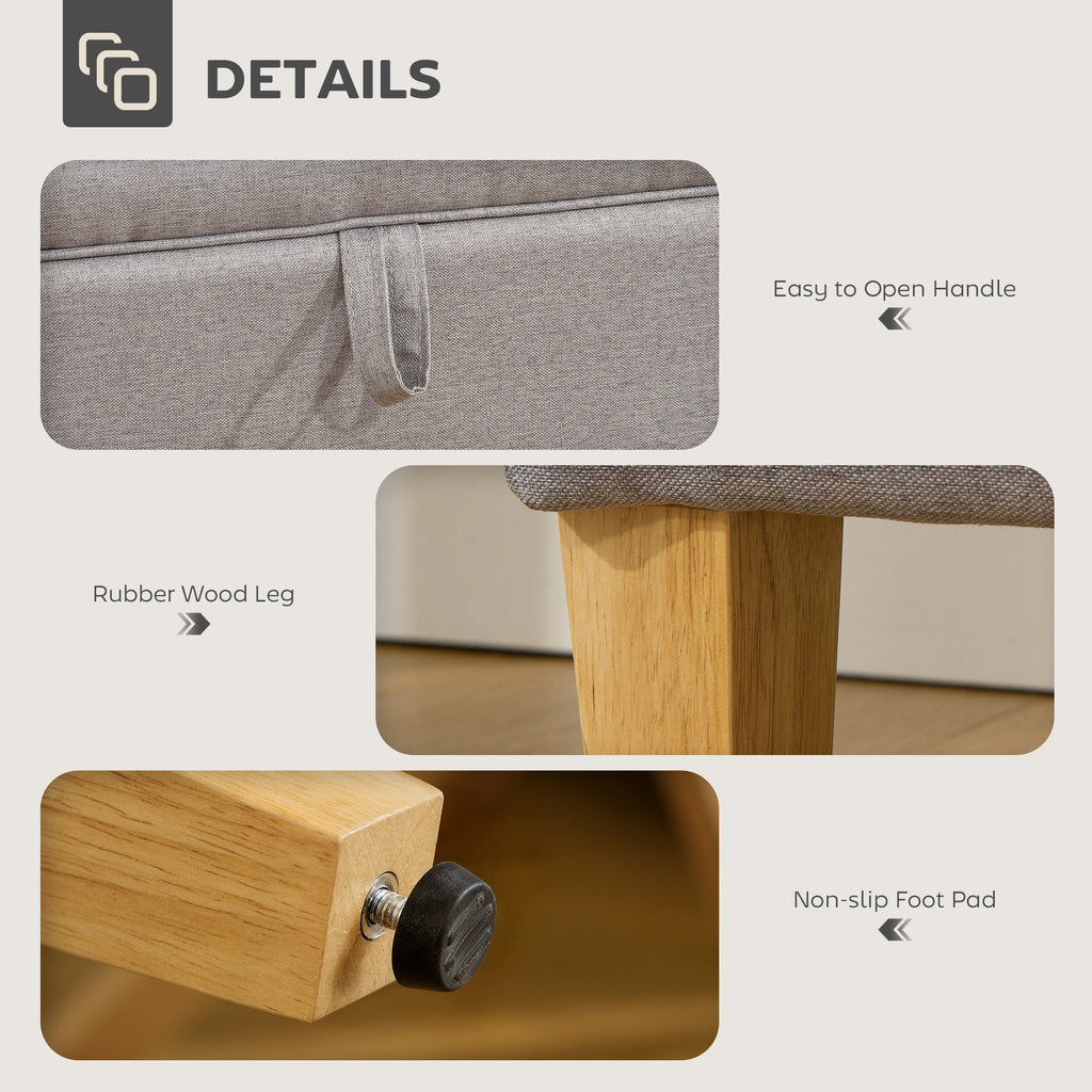 30L Linen Storage Ottoman Padded Footstool with Rubberwood Legs, Light Grey