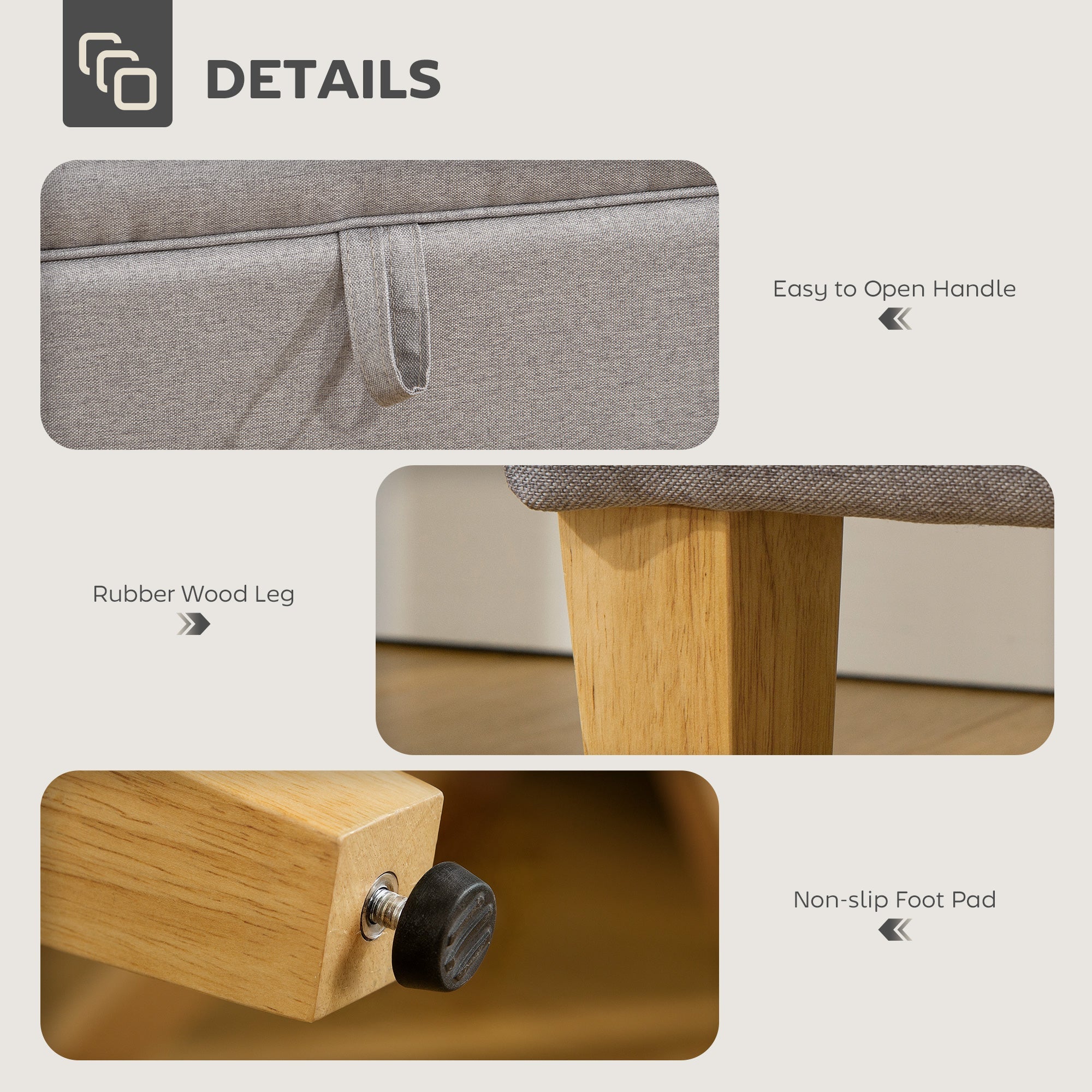 30L Linen Storage Ottoman Padded Footstool with Rubberwood Legs, Light Grey