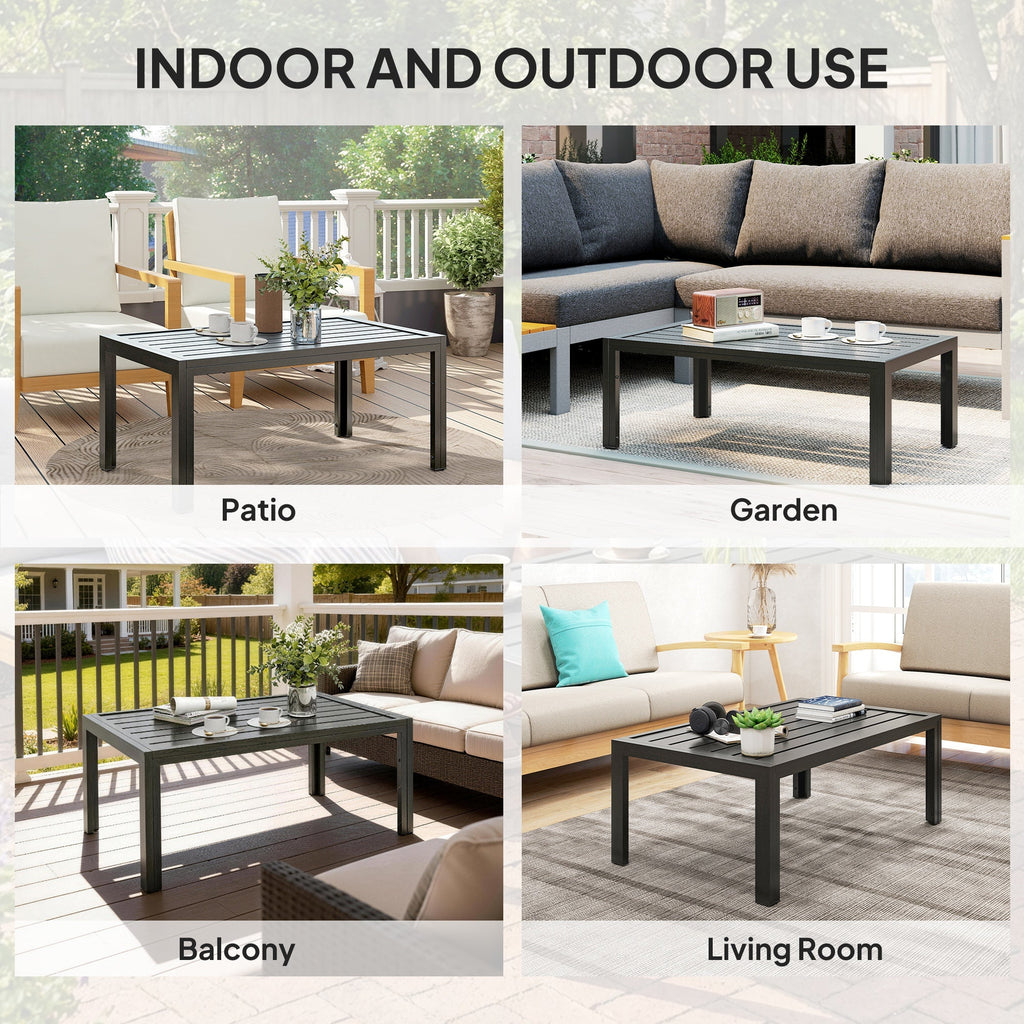 Outdoor Side Table, Rectangular Patio Coffee Side Table with Steel Frame and Slat Tabletop for Garden, Balcony, Grey