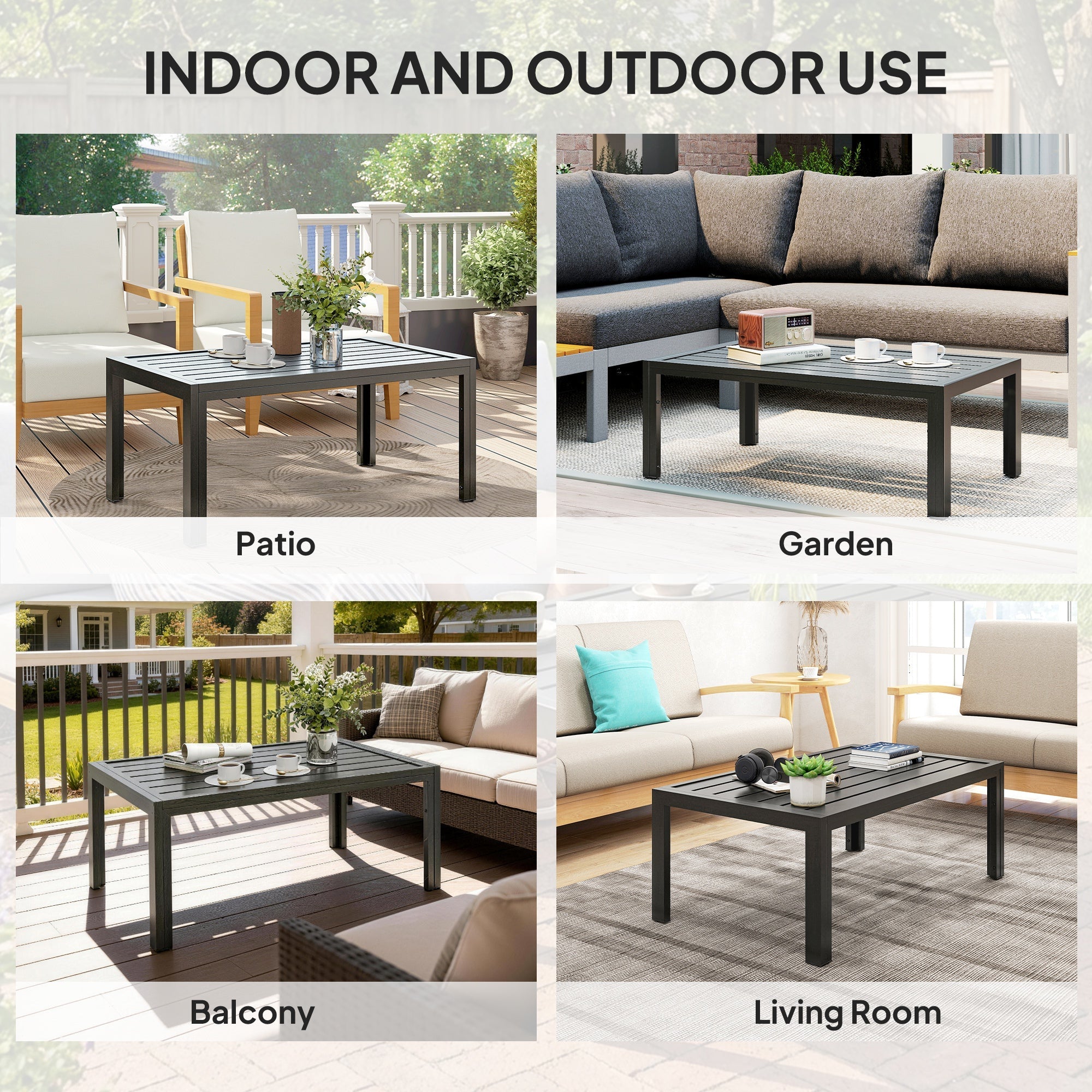 Outdoor Side Table, Rectangular Patio Coffee Side Table with Steel Frame and Slat Tabletop for Garden, Balcony, Grey