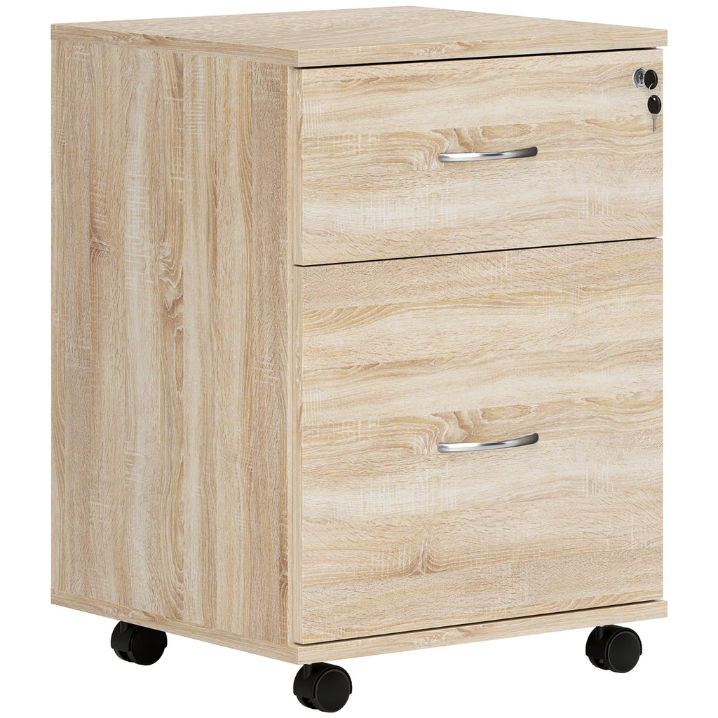 Pedestal Office Mobile Filing Cabinet 2 Drawer Wooden Storage Oak