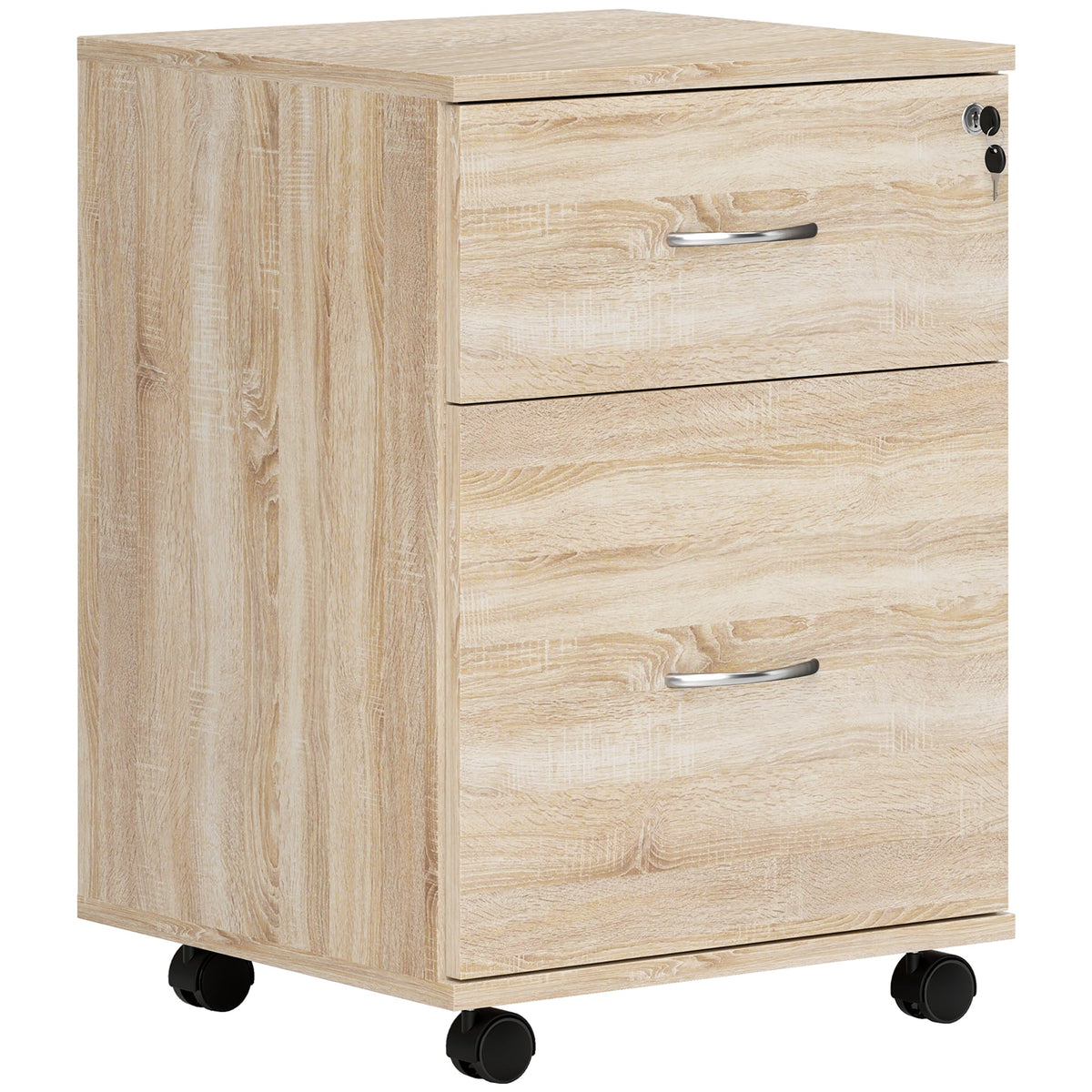 Pedestal Office Mobile Filing Cabinet 2 Drawer Wooden Storage Oak