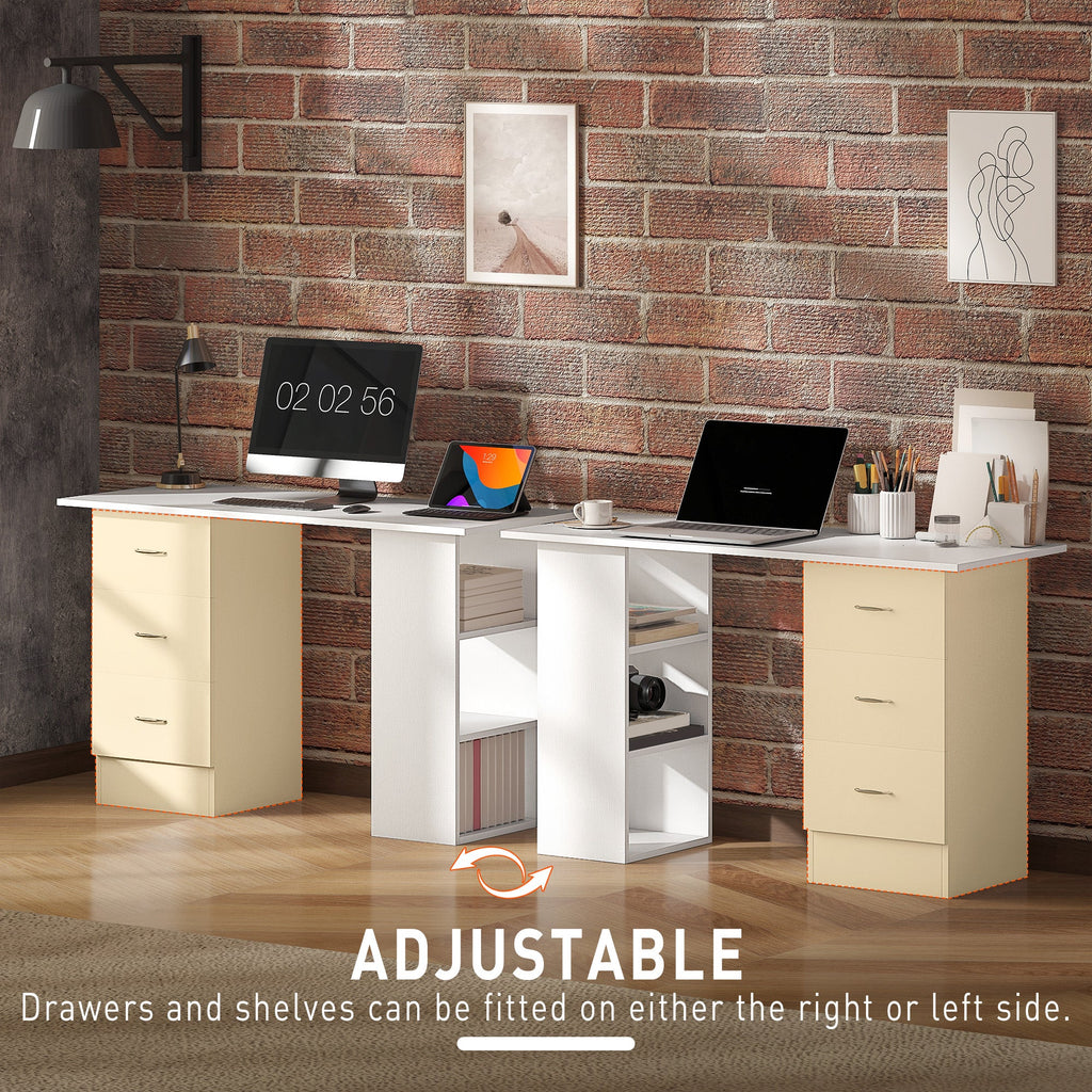Computer Desk, Writing Table, PC Workstation with 3 Storage Shelves and Drawers, Silver Handle, for Home Office, White