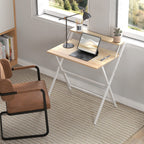 Folding Computer Desk with Monitor Shelf - Natural Wood Finish 81.5 cm