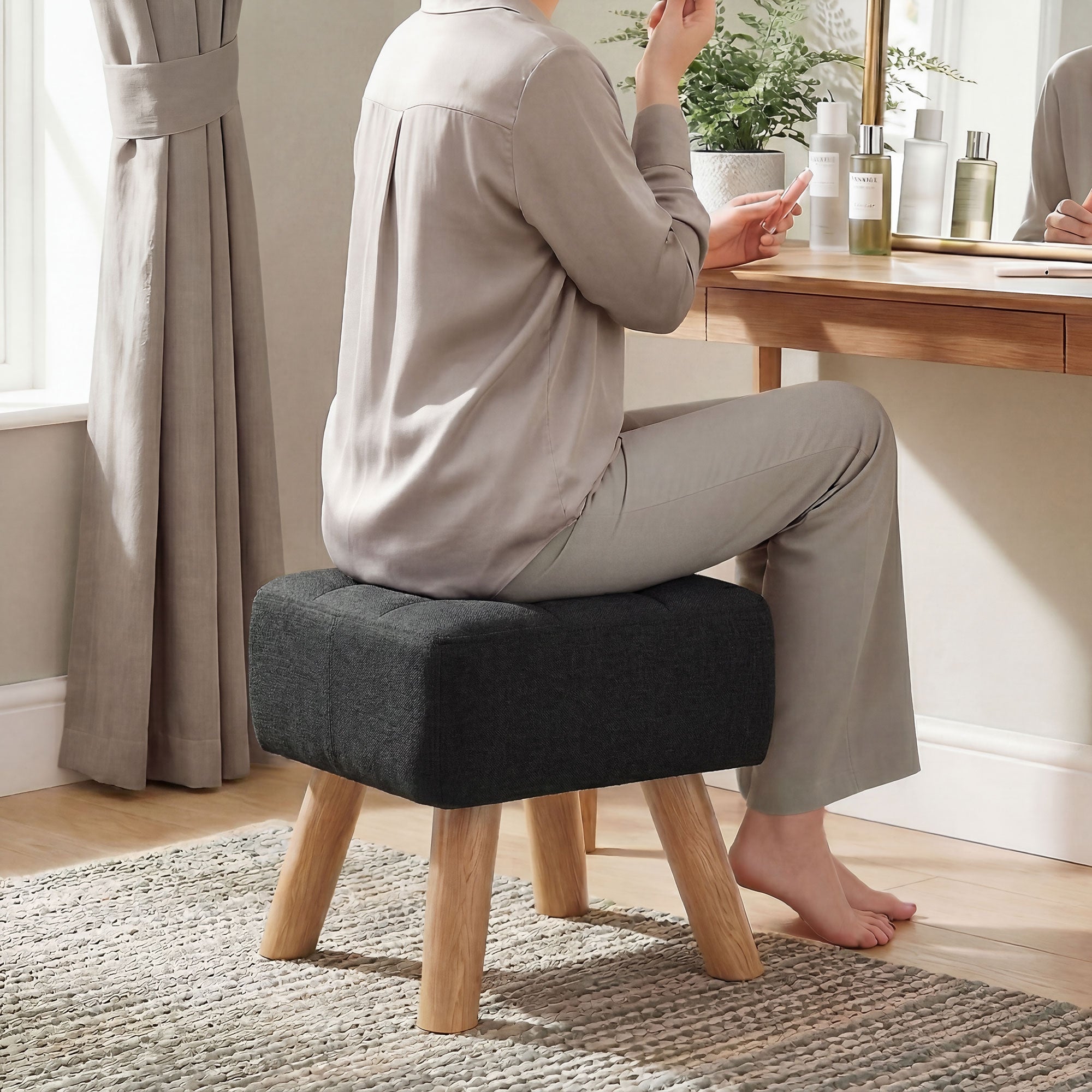 Linen-Look Square Padded Footstool - Black