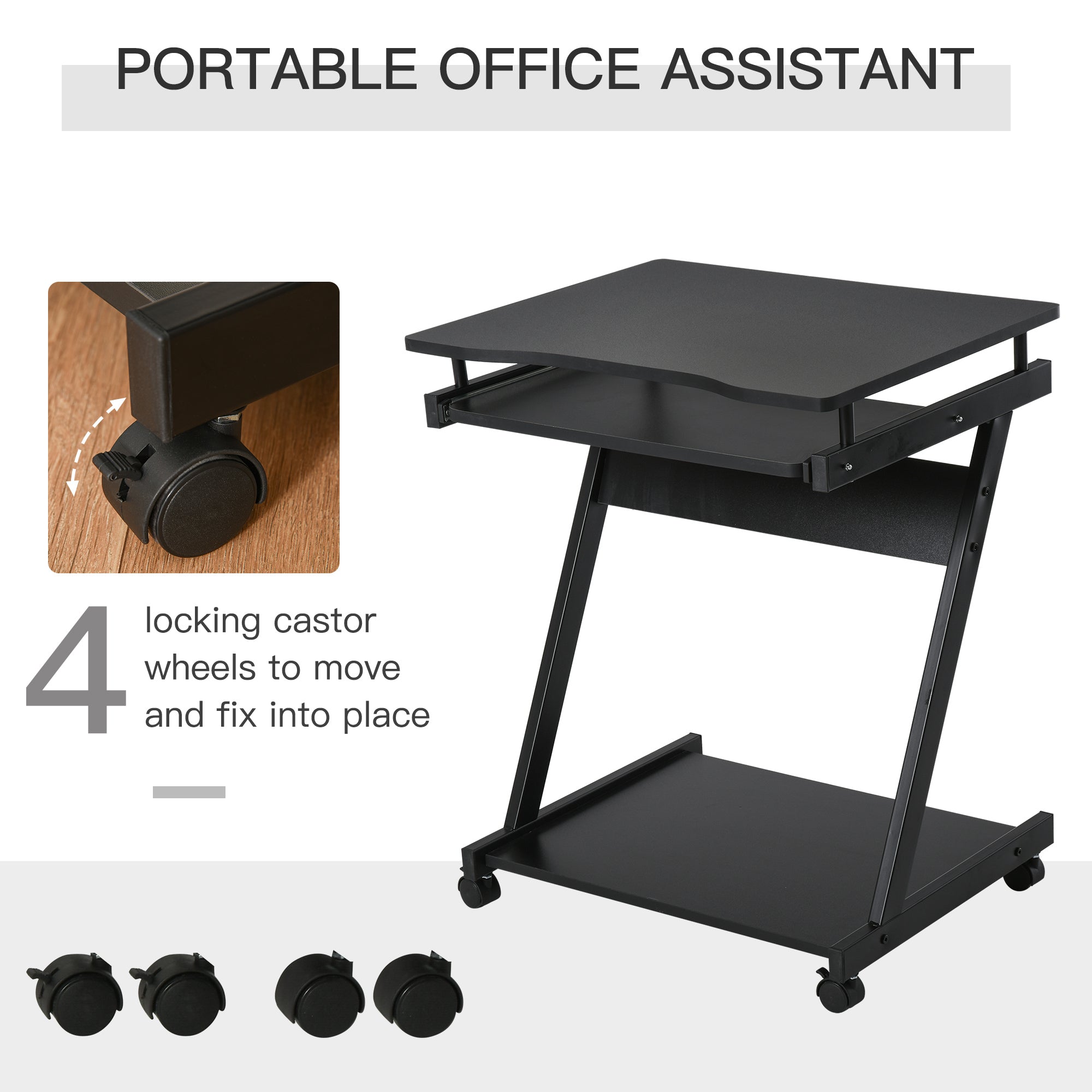 Movable Computer Desk with 4 Moving Wheels, Sliding Keyboard Tray, Home Office Workstation, Black