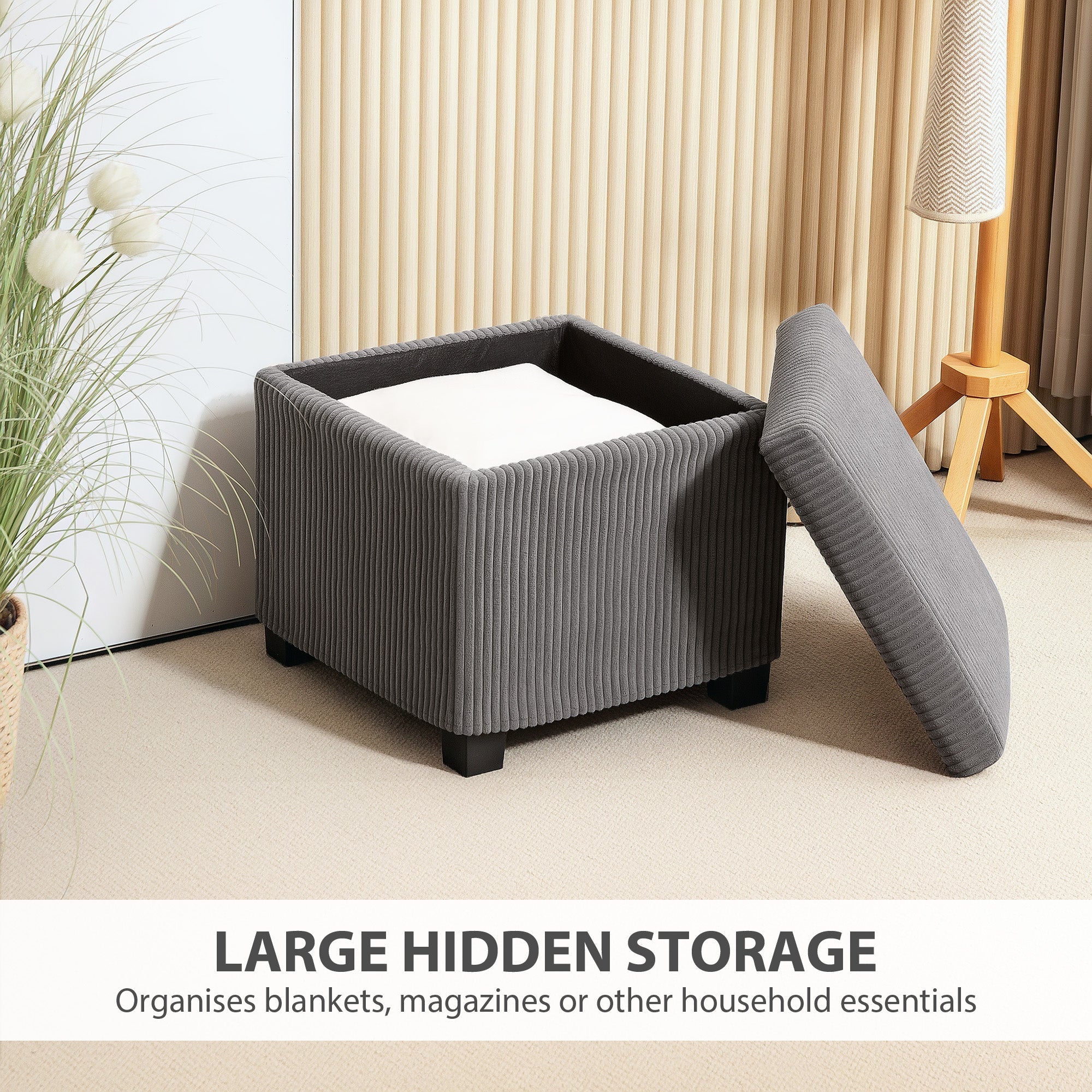 Storage Ottoman Bench, Corduroy Footstool with Removable Lid and Legs, Grey